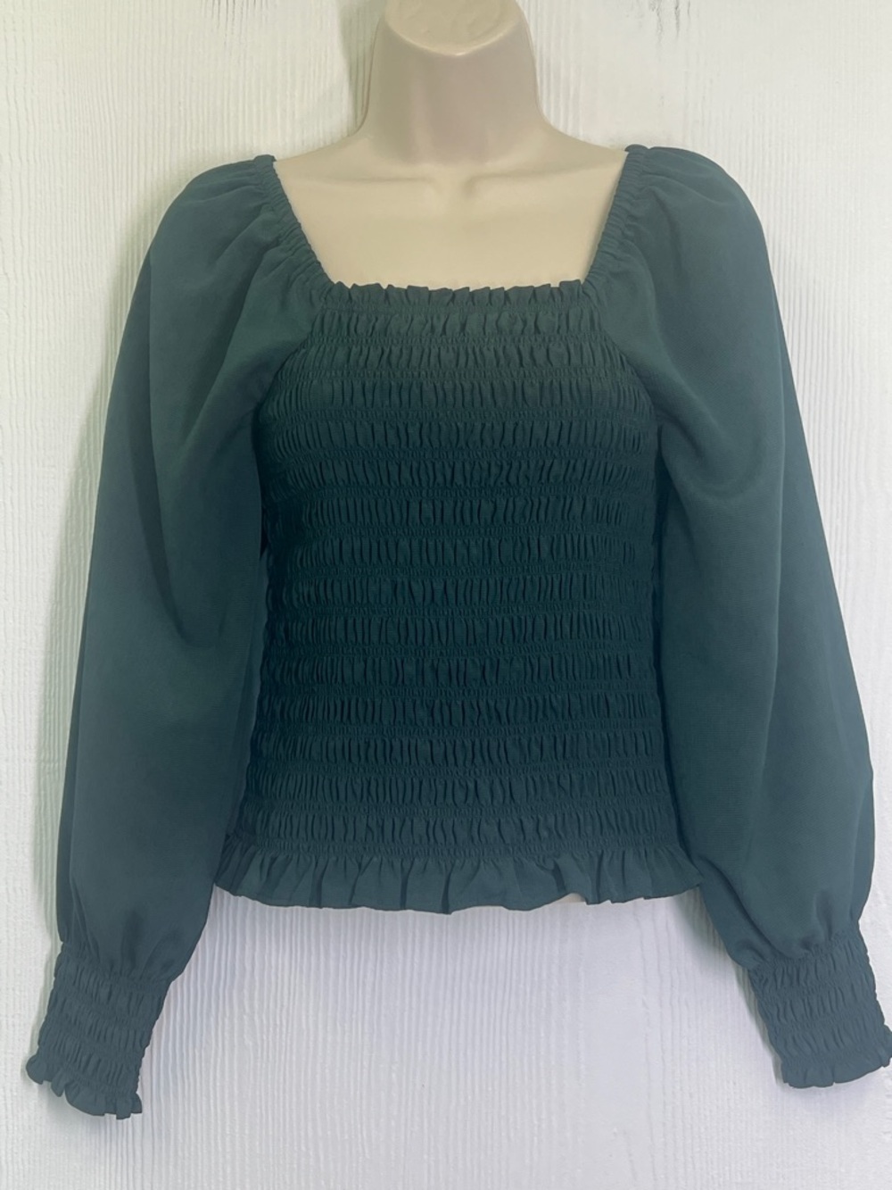 Madewell - Lucie Smocked Bubble Long Sleeve Hunter Green Blouse Size XXS - Picture 2 of 9